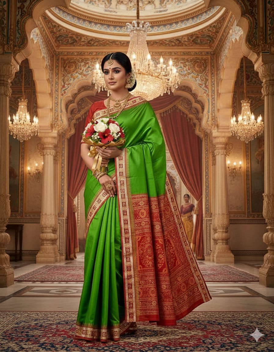 Mehendi Green Maroon Sakta Border Odisha Handloom Bomkai Silk Saree