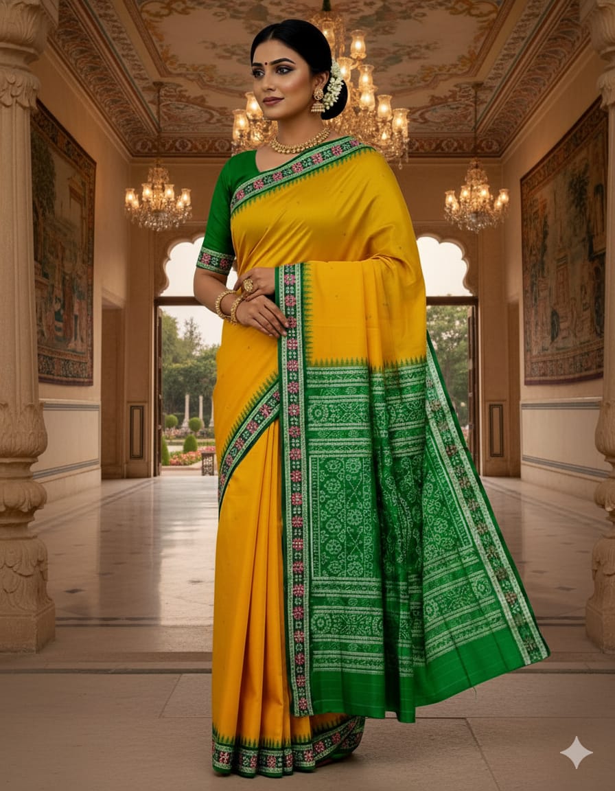 Yellow Green Sakta Border Odisha Handloom Bomkai Silk Saree