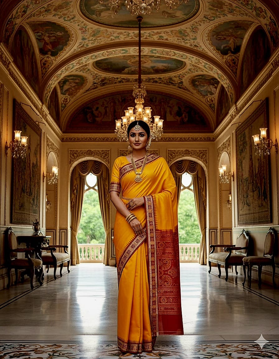 Yellow Maroon Sakta Border Odisha Handloom Bomkai Silk Saree