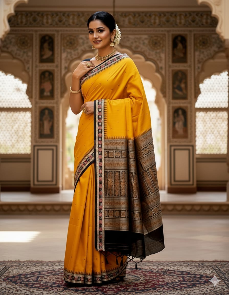 Yellow Black Sakta Border Odisha Handloom Bomkai Silk Saree