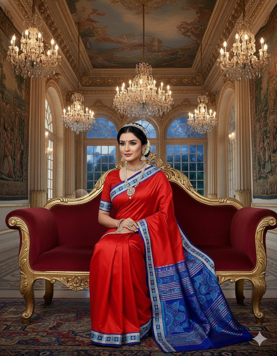 Red Blue Sakta Border Odisha Handloom Bomkai Silk Saree