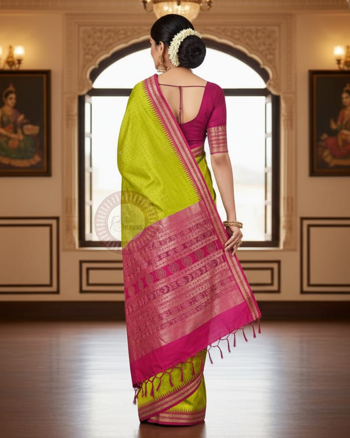 Neon Green Magenta Hazar Buti Bomkai Silk Saree