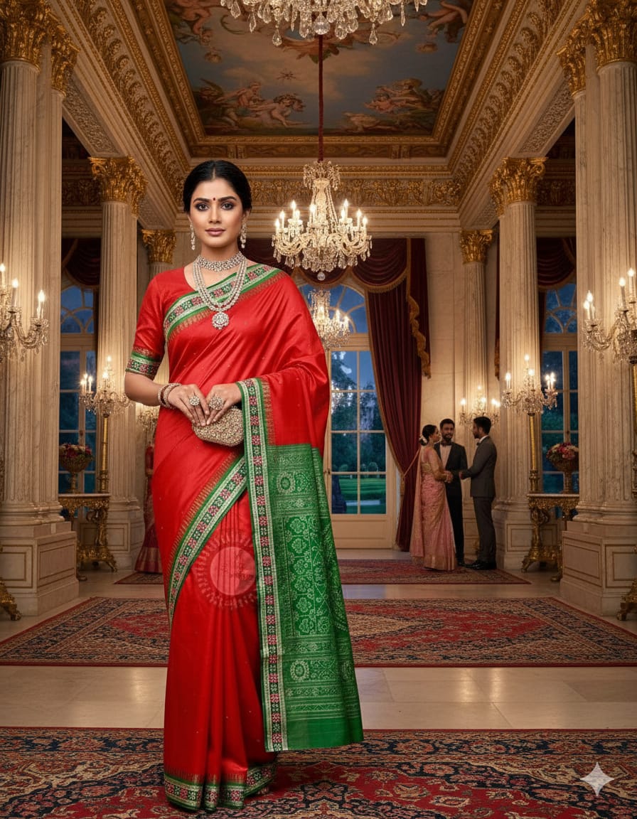 Red Green Sakta Border Odisha Handloom Bomkai Silk Saree