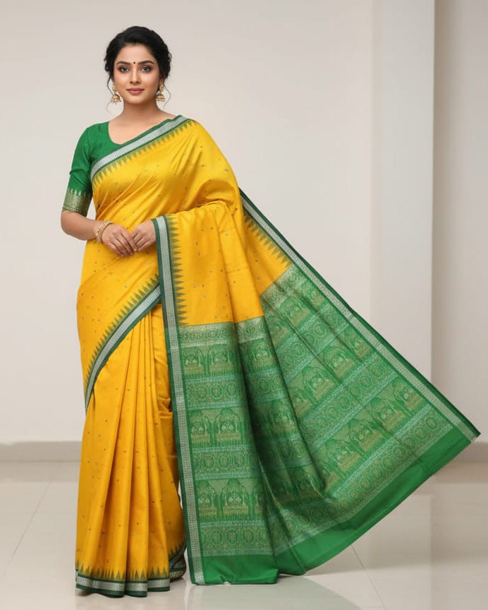 Yellow Green Fish Buti Bomkai Silk Saree