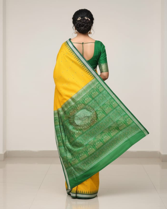 Yellow Green Fish Buti Bomkai Silk Saree
