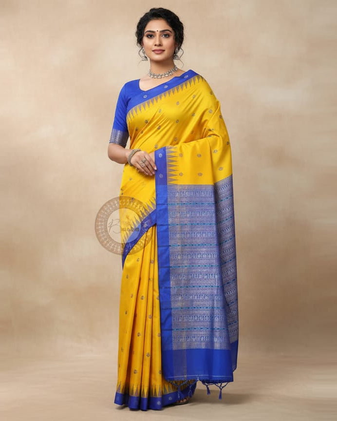 Yellow Blue Kalashi Plan Border Bomkai Silk Saree