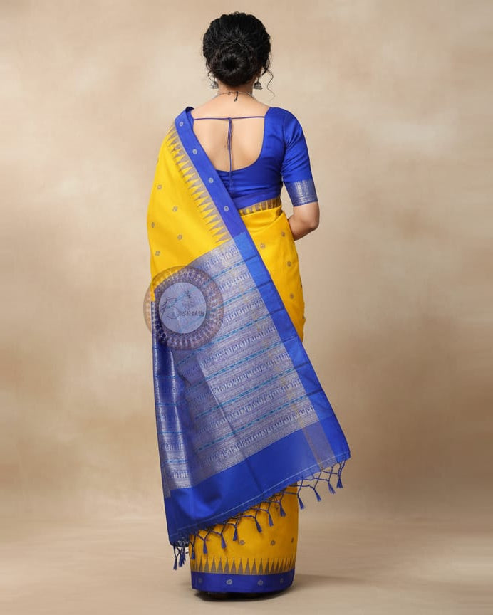 Yellow Blue Kalashi Plan Border Bomkai Silk Saree