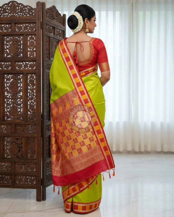 Neon Green Red Pasapali Border Bomkai Silk Saree