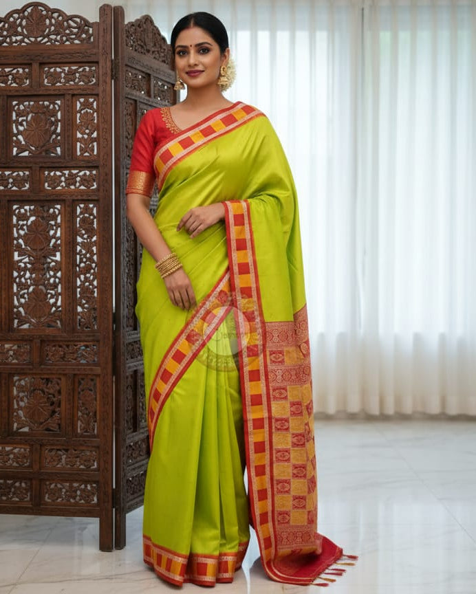 Neon Green Red Pasapali Border Bomkai Silk Saree