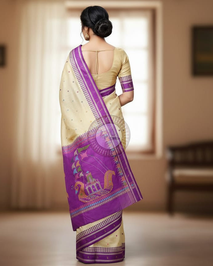 Off White Purple Boita Bomkai Silk Saree