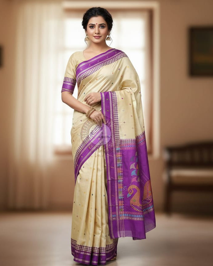 Off White Purple Boita Bomkai Silk Saree