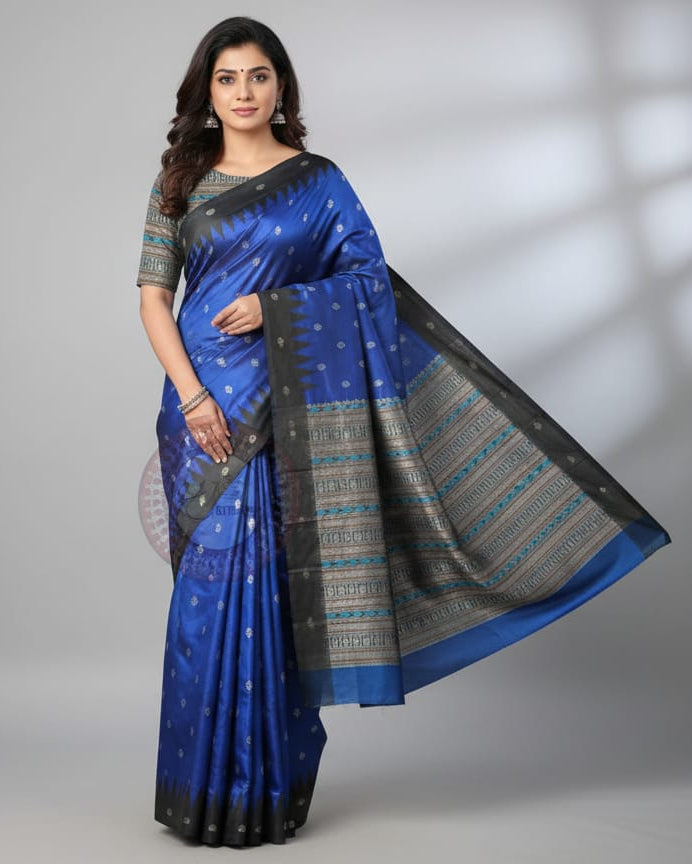 Blue Black Kalashi Plan Border Bomkai Silk Saree