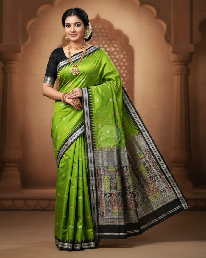Green Black Tribal Bomkai Silk Saree