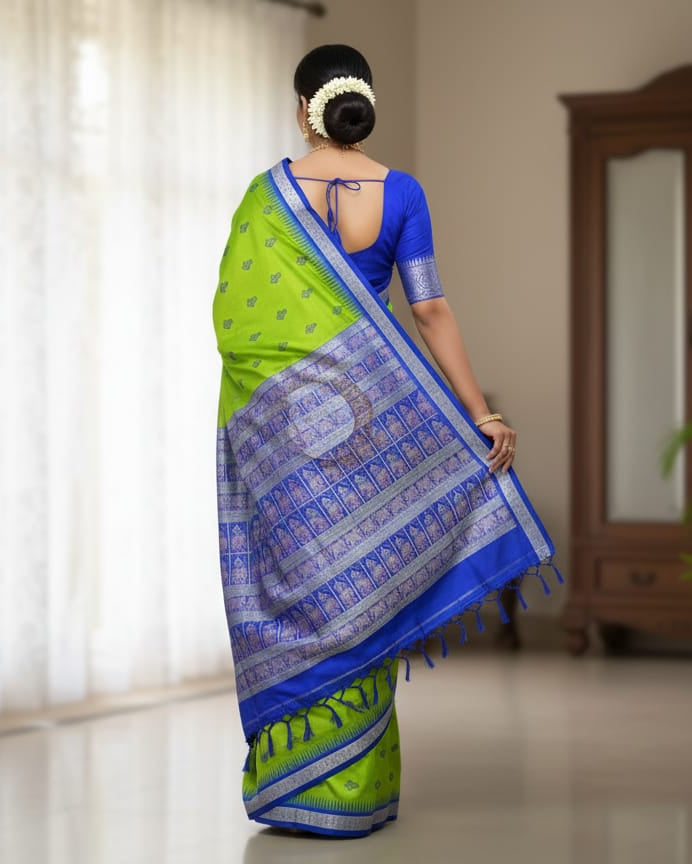 Green Blue Dual Elephant Head Bomkai Silk Saree
