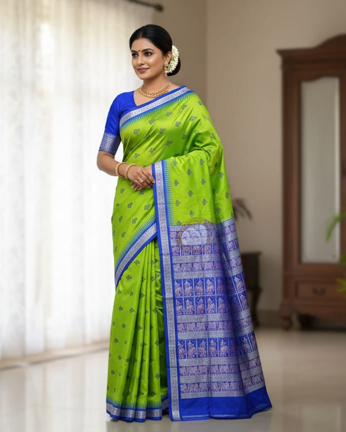 Green Blue Dual Elephant Head Bomkai Silk Saree