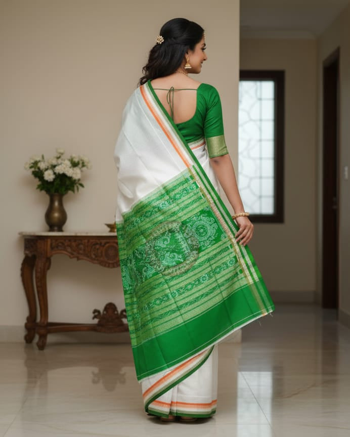 White Tiranga Bomkai Silk Saree