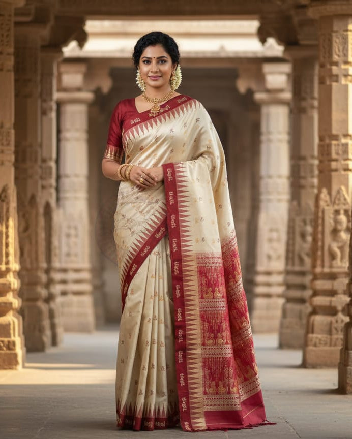 Cream Maroon Tribal Sabari Bomkai Silk Saree