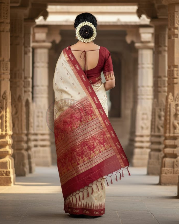 Cream Maroon Tribal Sabari Bomkai Silk Saree
