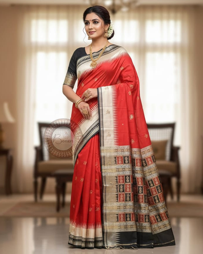 Red Black Doll Bomkai Silk Saree