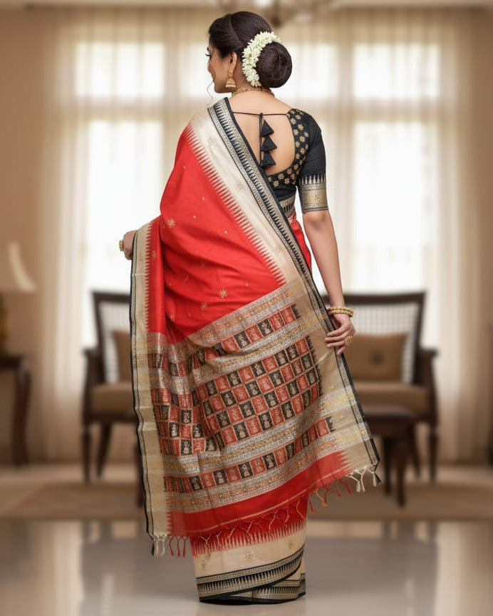 Red Black Doll Bomkai Silk Saree