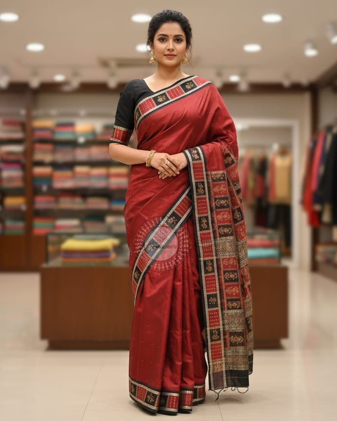 Maroon Black Doll Bomkai Silk Saree
