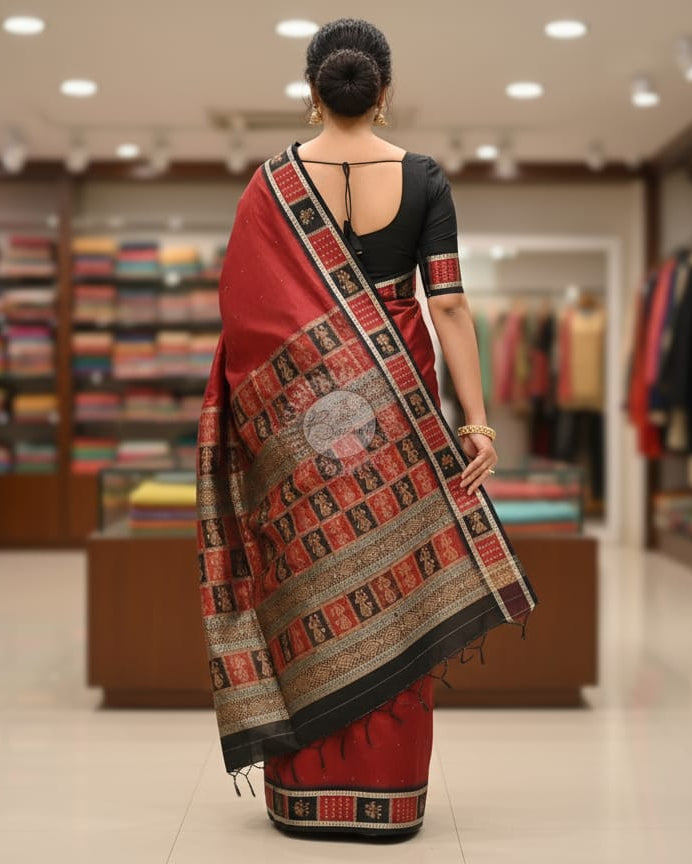 Maroon Black Doll Bomkai Silk Saree