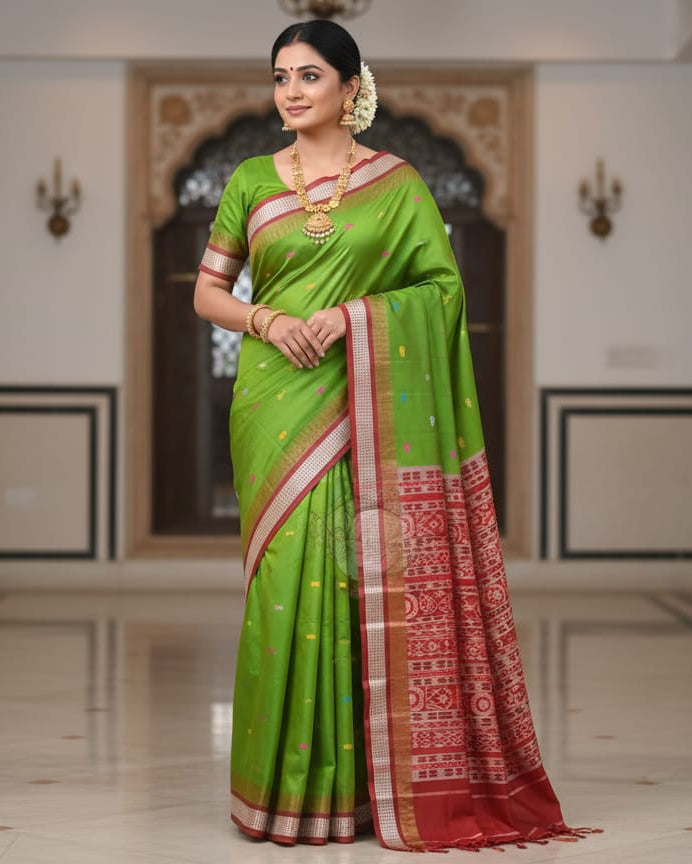 Green Maroon Fish Buti Bomkai Silk Saree