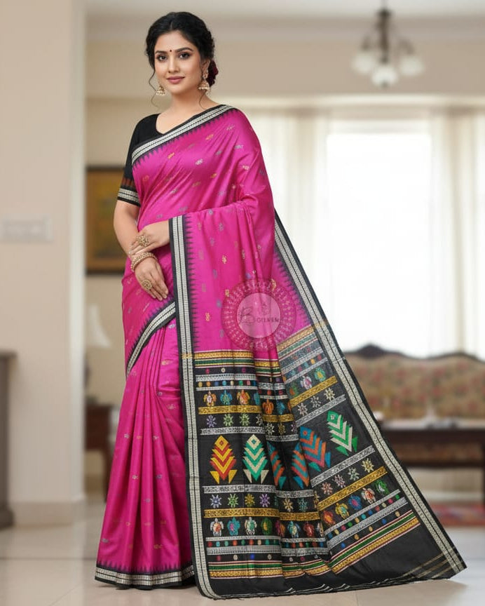 Pink Black Fish Bomkai Silk Saree