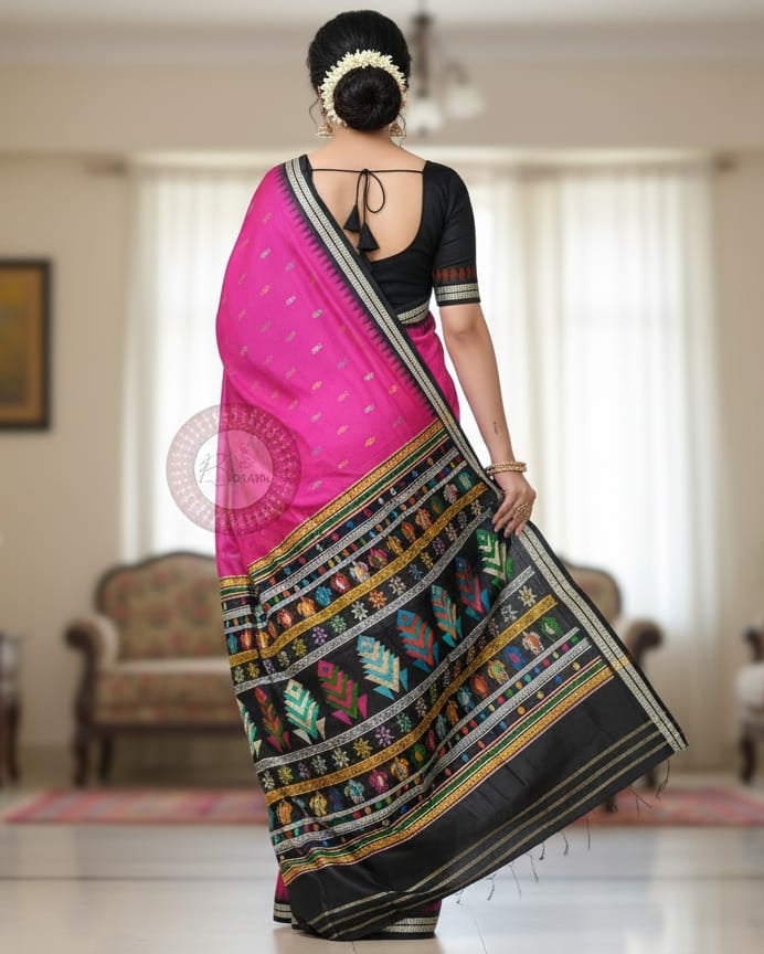 Pink Black Fish Bomkai Silk Saree