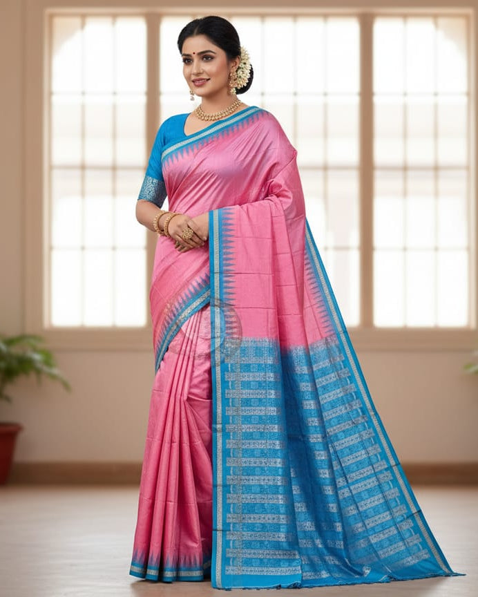 Baby Pink Copper Sulphate Ek Phulia Bomkai Silk Saree