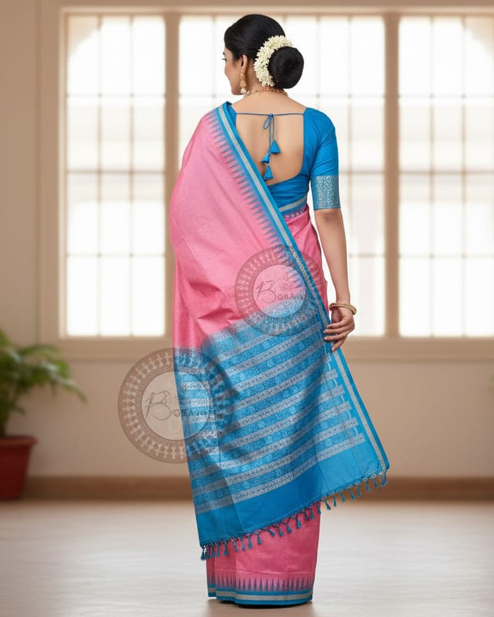 Baby Pink Copper Sulphate Ek Phulia Bomkai Silk Saree
