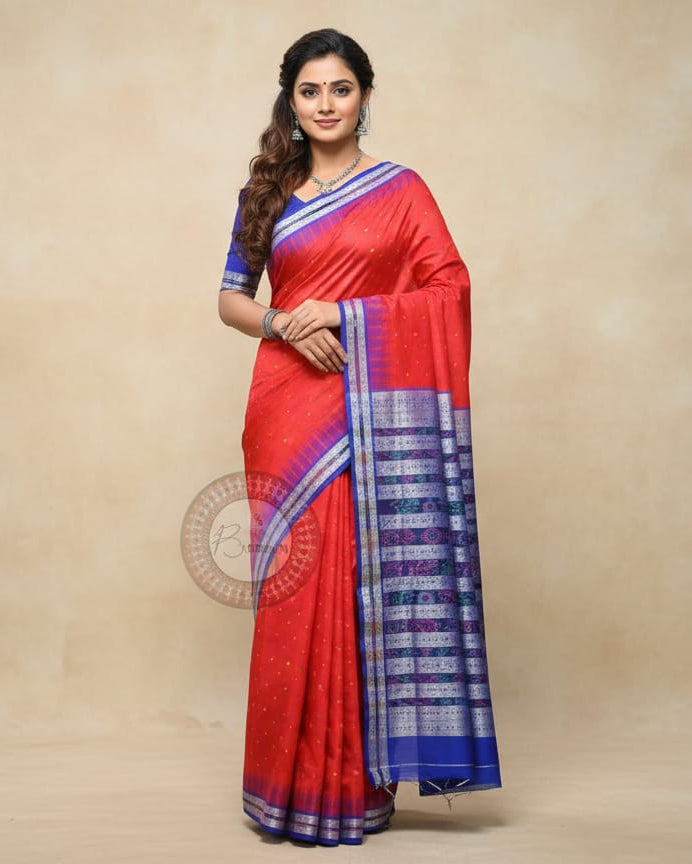 Red Blue Hazar Buti Bomkai Silk Saree