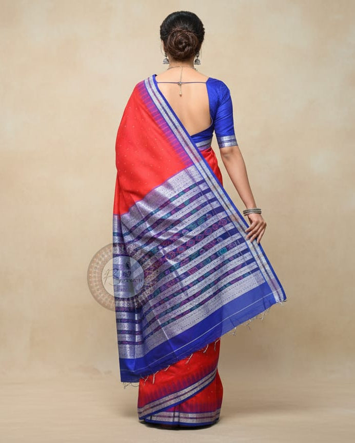 Red Blue Hazar Buti Bomkai Silk Saree