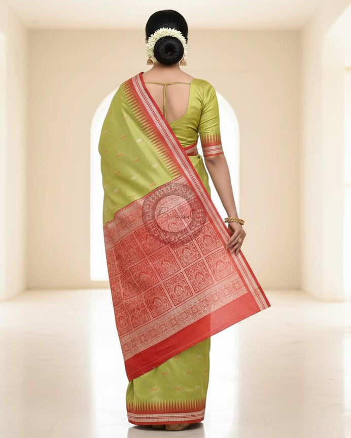 Mehendi Green Red Tribal Bomkai Silk Saree