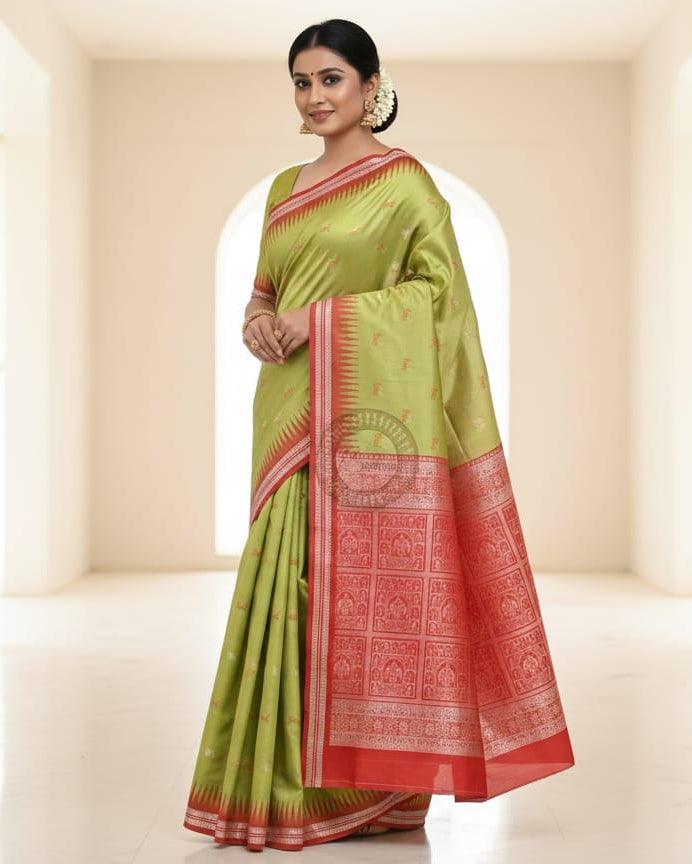 Mehendi Green Red Tribal Bomkai Silk Saree