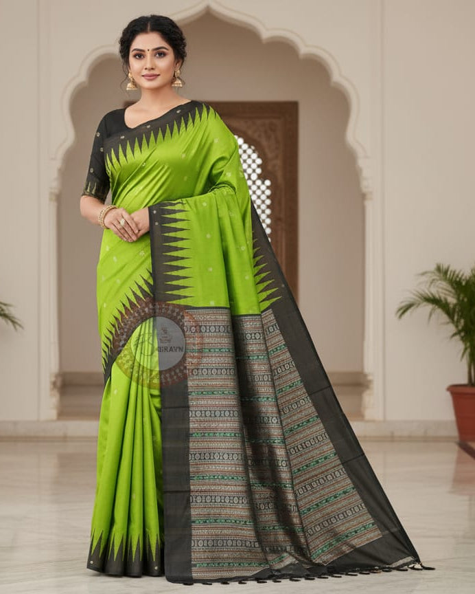 Green Black Flower Design Plain Border Bomkai Silk Saree