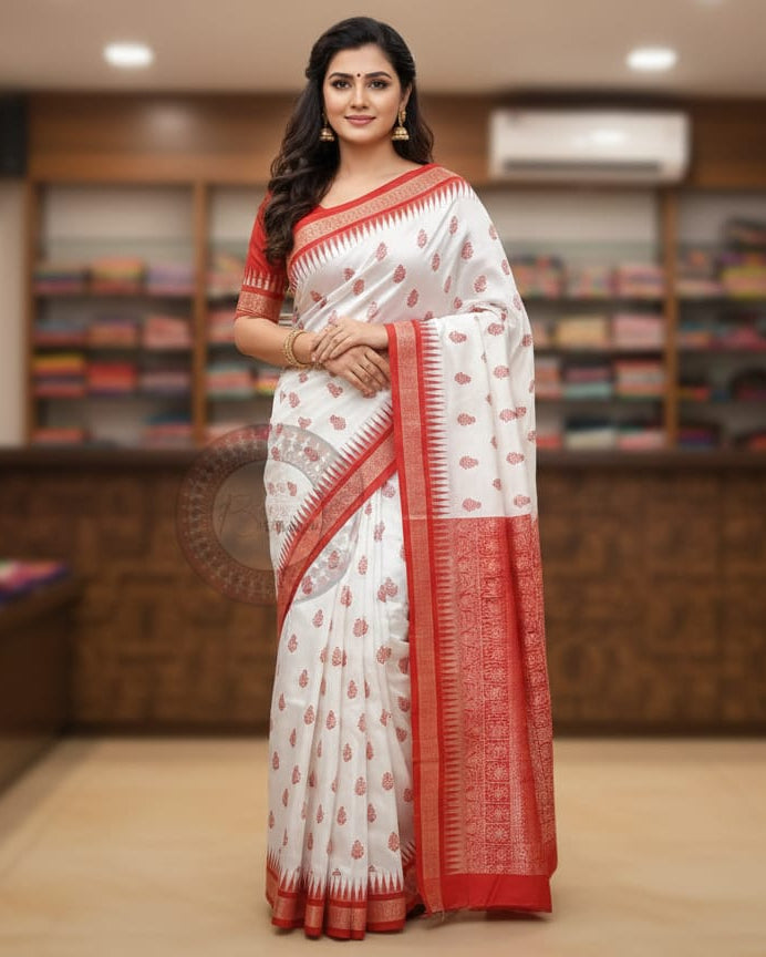 White Red Dual Elephant Odisha Handloom Bomkai Silk Saree