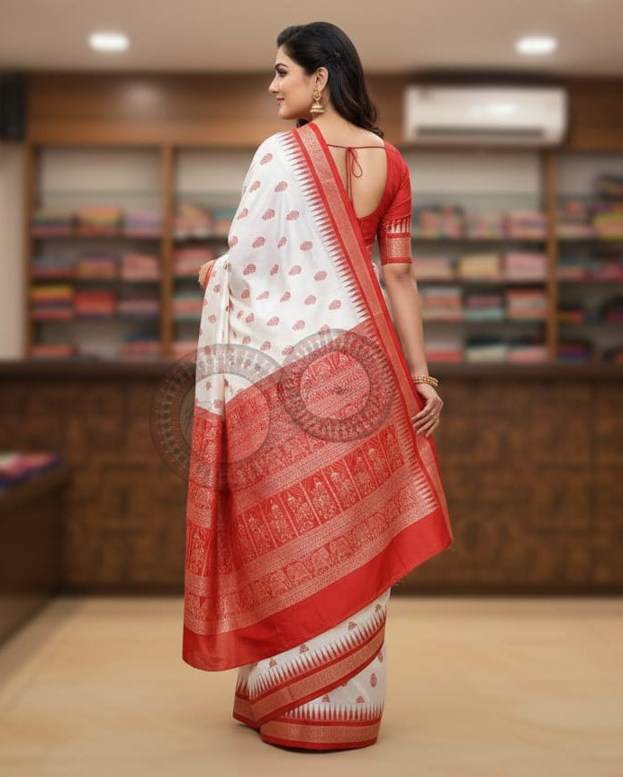 White Red Dual Elephant Odisha Handloom Bomkai Silk Saree