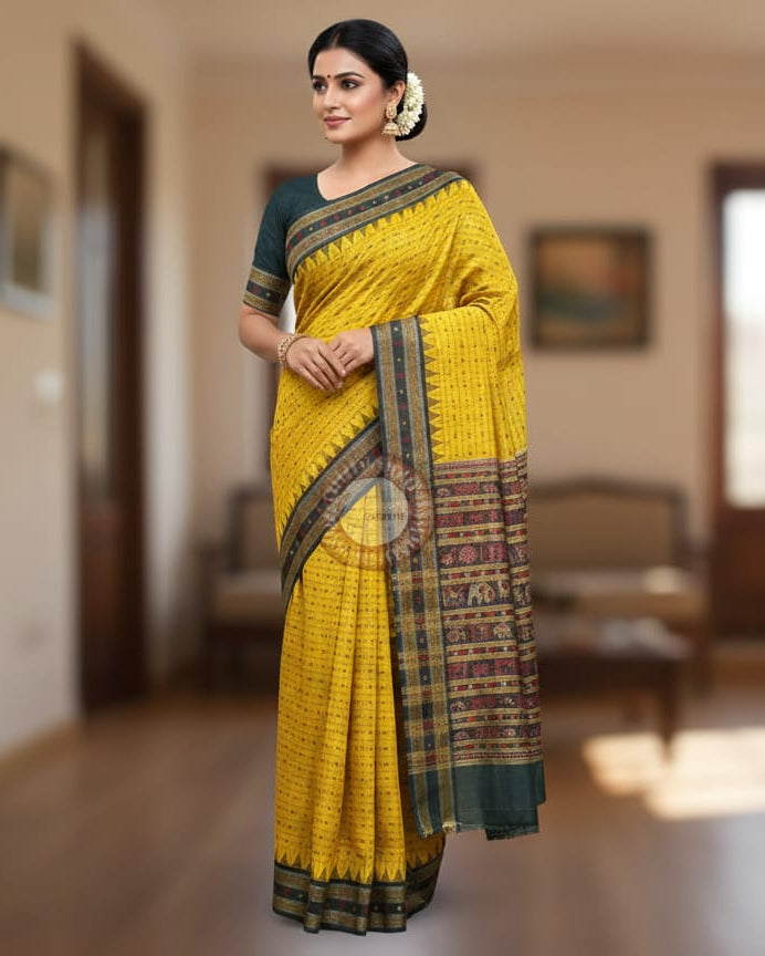 Yellow Black Hazar Buti Tussar Silk Saree