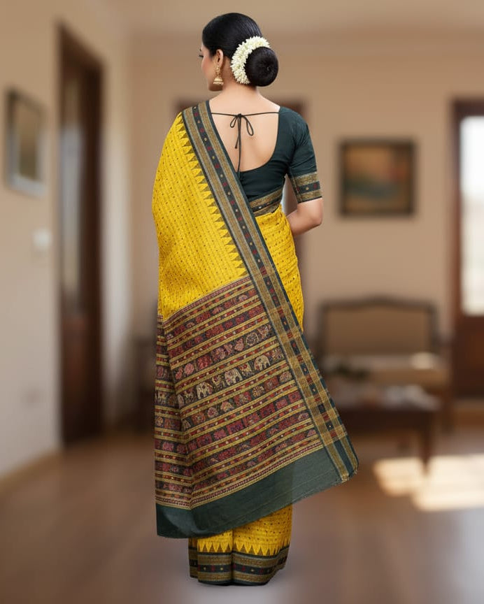 Yellow Black Hazar Buti Tussar Silk Saree