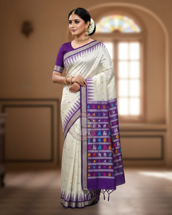 White Purple Animal Anchal Bomkai Silk Saree