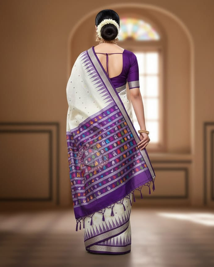 White Purple Animal Anchal Bomkai Silk Saree