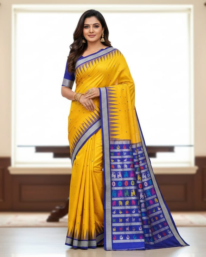 Yellow Blue Animal Anchal Bomkai Silk Saree