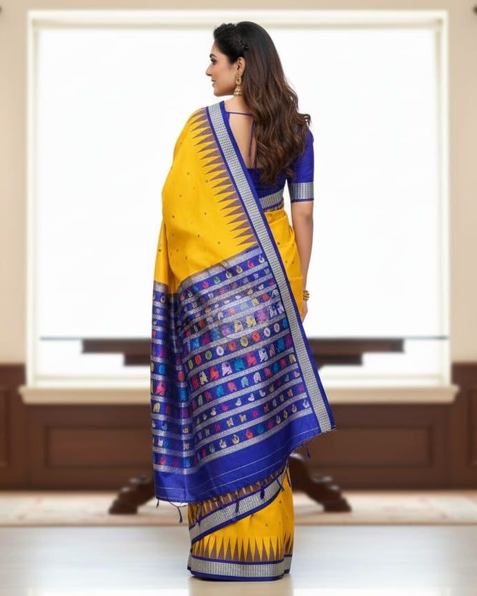 Yellow Blue Animal Anchal Bomkai Silk Saree