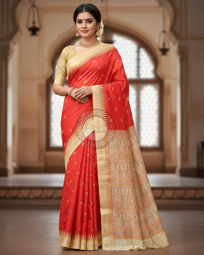 Red Creame Fish Bomkai Silk Saree