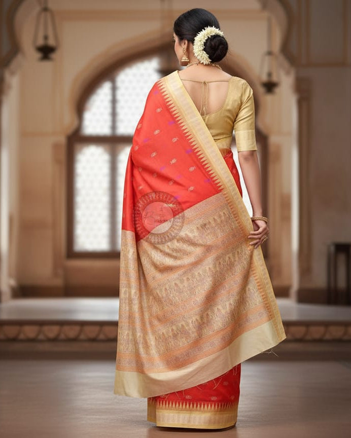 Red Creame Fish Bomkai Silk Saree