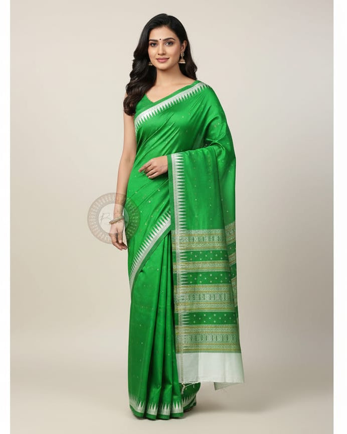 Green Silver Single Border Odisha Handloom Bomkai Silk Saree