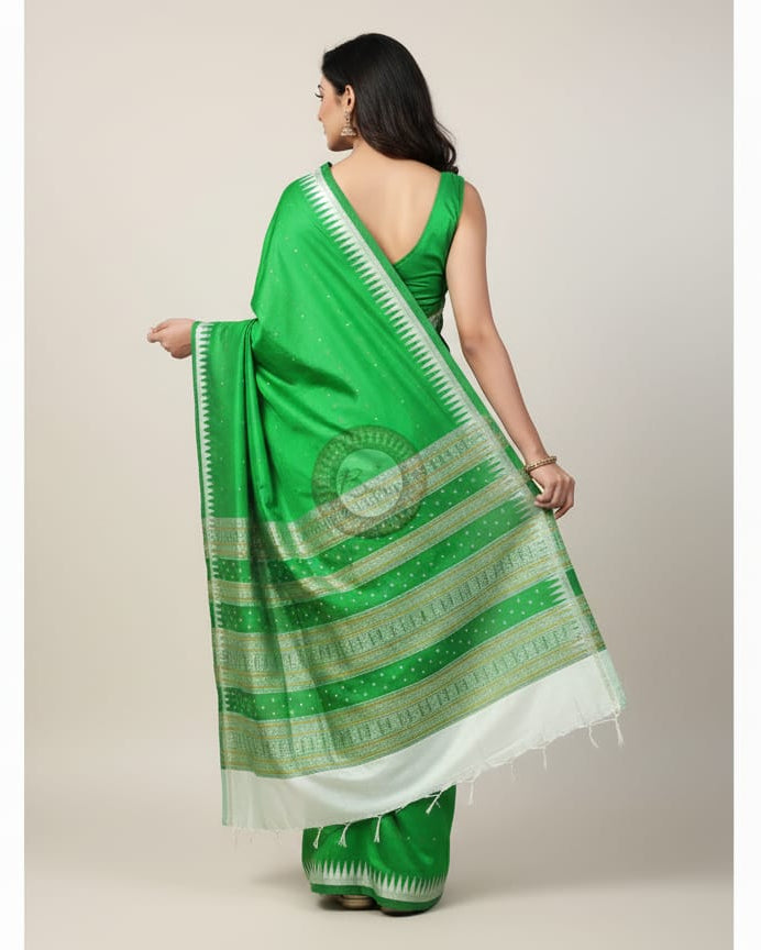 Green Silver Single Border Odisha Handloom Bomkai Silk Saree