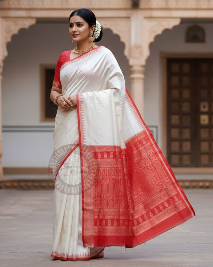 White Red Single Border Odisha Handloom Bomkai Silk Saree