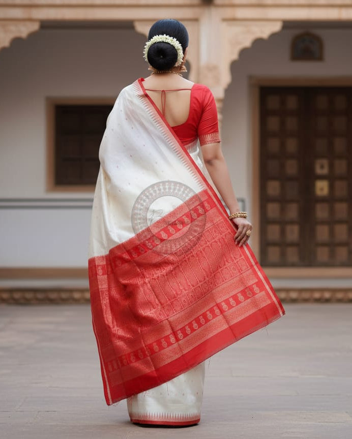 White Red Single Border Odisha Handloom Bomkai Silk Saree